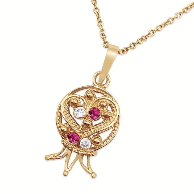 Pomegranate Ruby Pendant in 14k Gold with Filigree Work