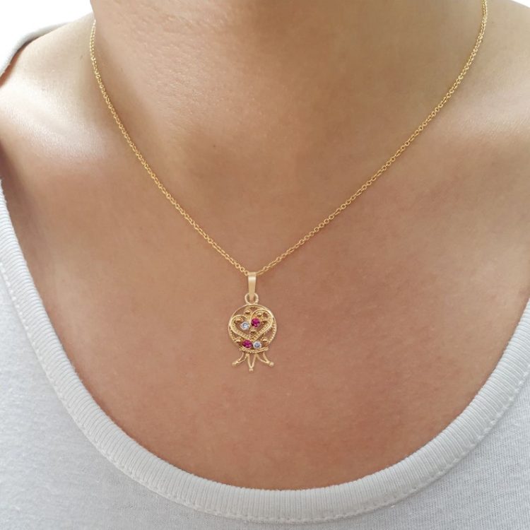 Pomegranate Ruby Pendant in 14k Gold with Filigree Work