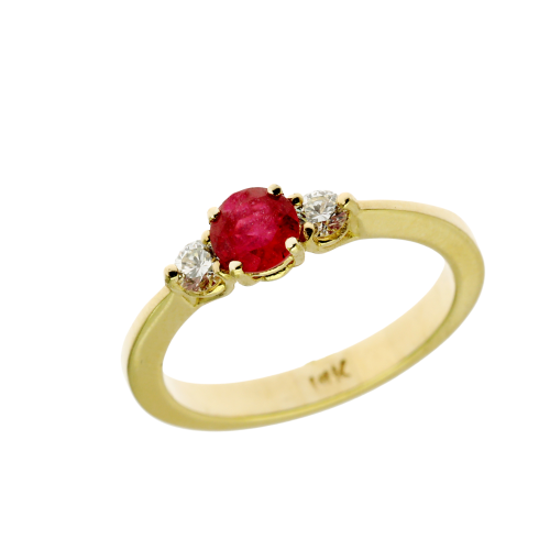 Ruby & Diamond 3 Stone Ring in 14K Gold