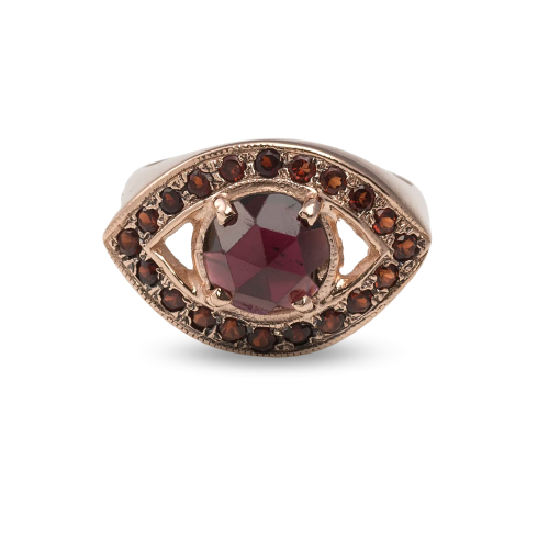 Evil Eye Garnet Ring in 14K Rose Gold