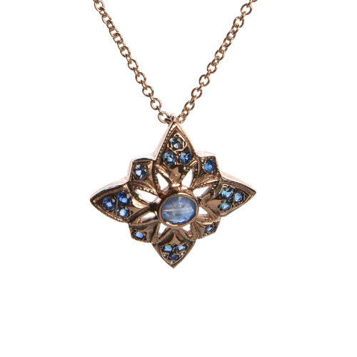 Vintage Style Blue Sapphire 14k Rose Gold Pendant & Chain