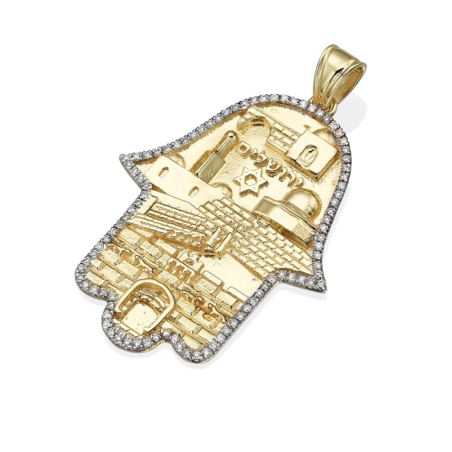 Diamond Hamsa with Engraved Jerusalem Pendant