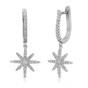 Diamond Starburst Dangle Earrings 14k White Gold