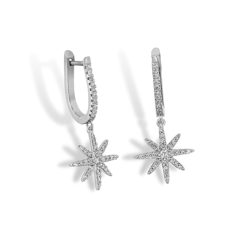 Diamond Starburst Dangle Earrings 14k White Gold