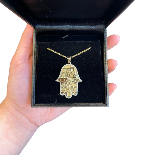 Diamond Hamsa with Engraved Jerusalem Pendant in 14k Yellow Gold