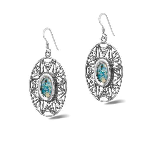 Israeli Roman Glass Sterling Silver Filigree Earrings