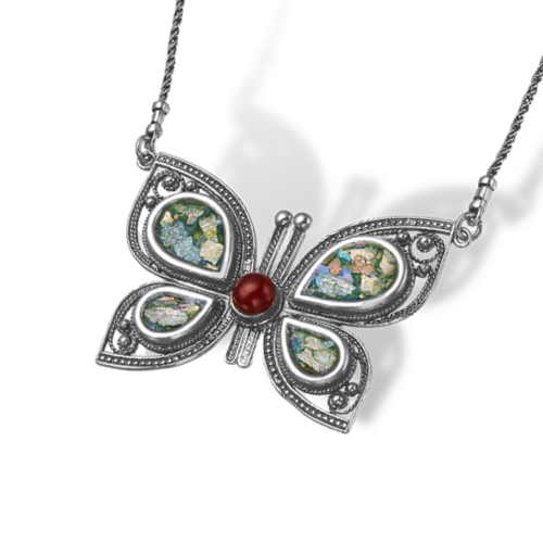Butterfly Necklace in Sterling Silver with Roman Glass & Natural Red Garnet
