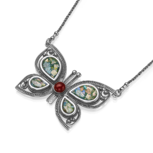 Silver Butterfly Necklace with Roman Glass & Red Garnet