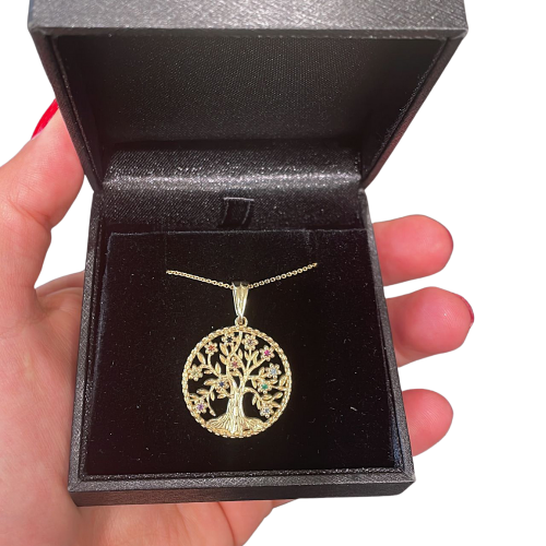 Colorful Tree of Life Pendant in 14k Gold with Natural Gemstones