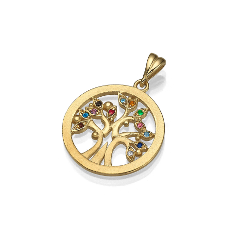 14k Gold Tree of Life Pendant with Colorful Gemstones