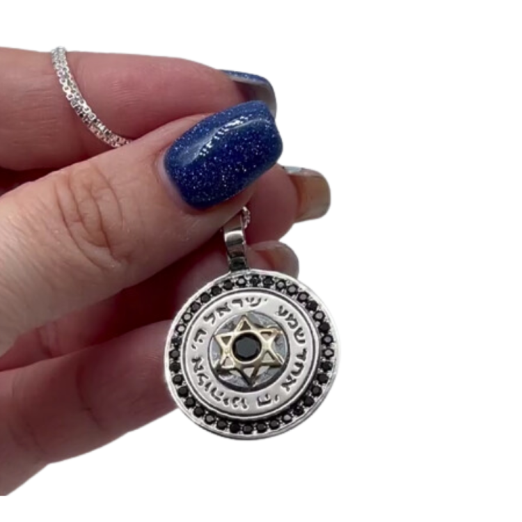 Star of David and Shema Israel Silver and Gold Onyx Necklace