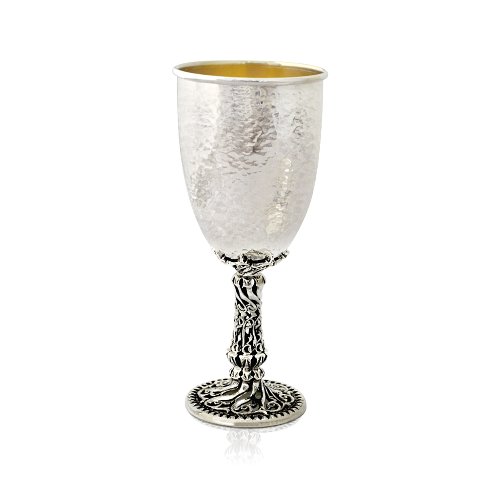 Kiddush Cup in Sterling Silver with Filigree Stem and Hammered Look