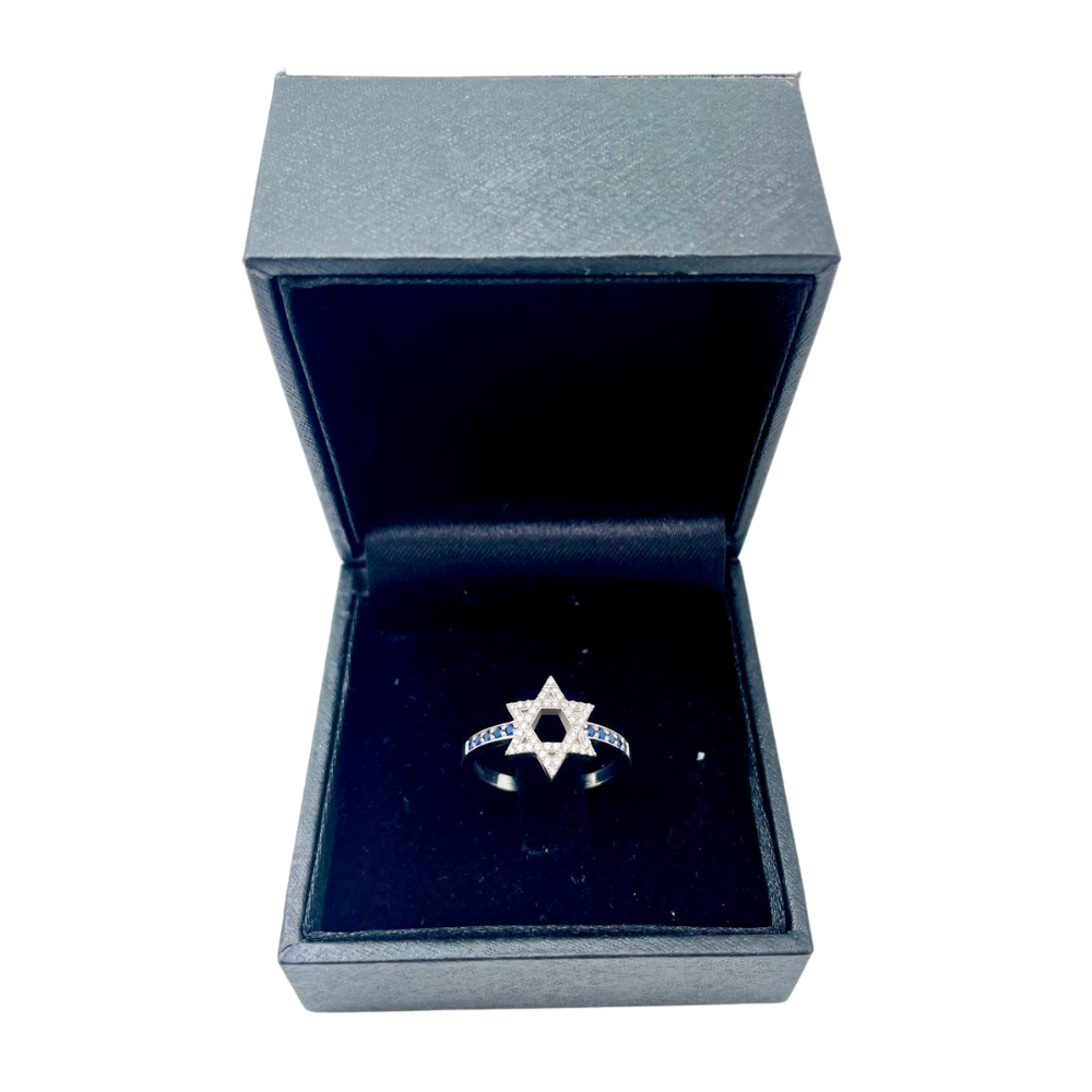 Star of David Ring with Diamonds and Sapphires in 14K White Gold