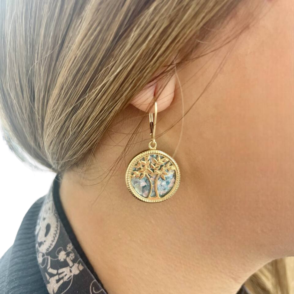 Tree of Life Earrings with Roman Glass in 14K Gold