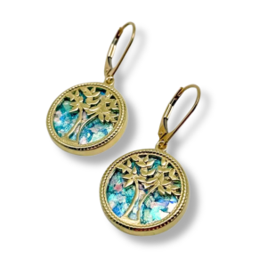 Tree of Life Earrings with Roman Glass in 14K Gold