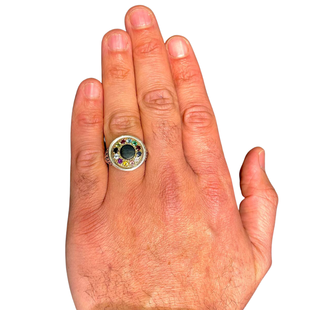 Hoshen Menorah Ring with Onyx Stone in Silver and Gold