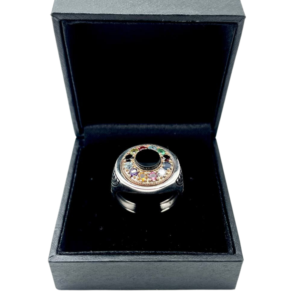 Hoshen Menorah Ring with Onyx Stone in Silver and Gold