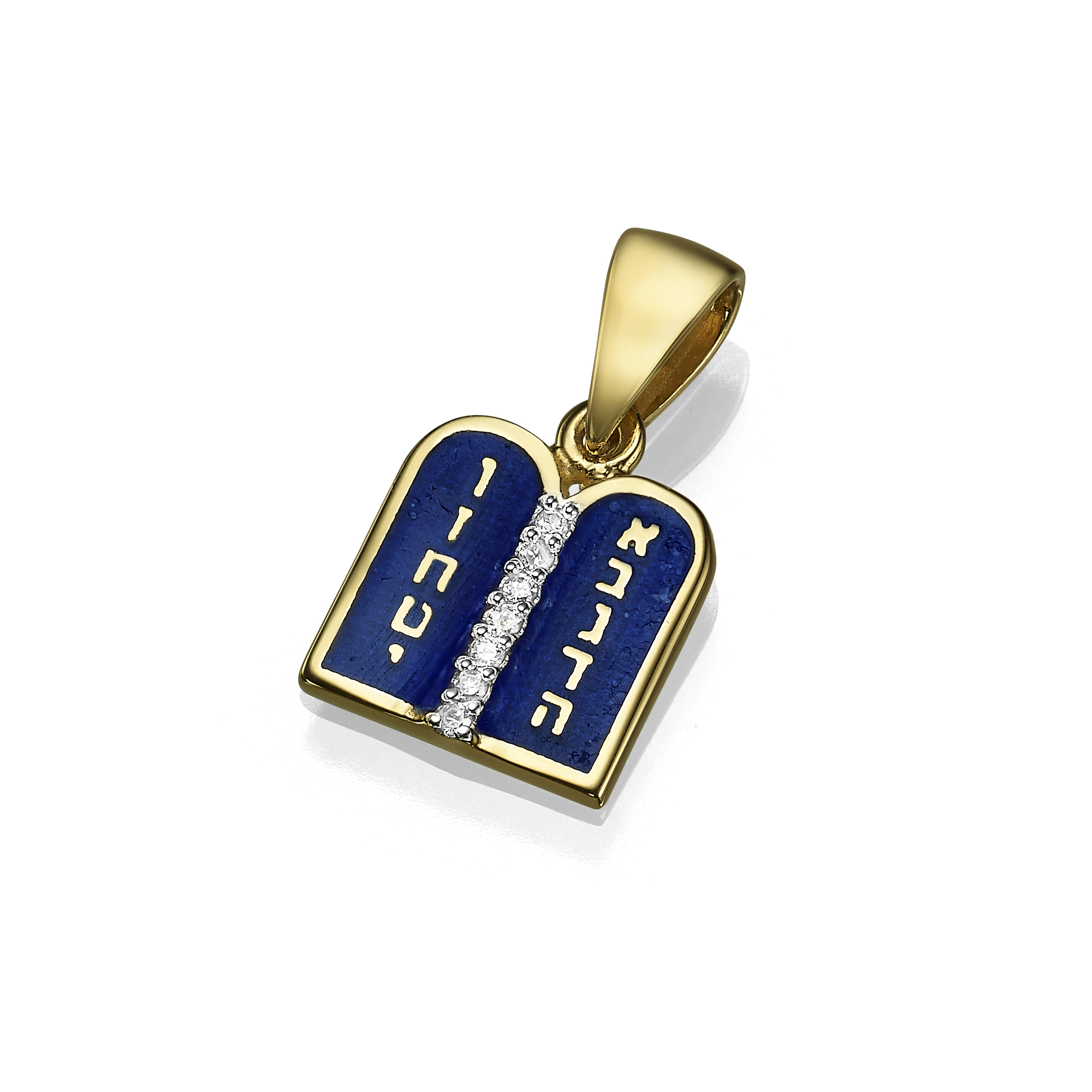 Ten Commandments Pendant – 14K Yellow Gold and Blue Enamel Diamond-Studded