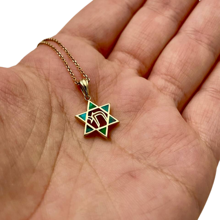 Star of David and Chai Pendant with Eilat Stone in 14K Gold