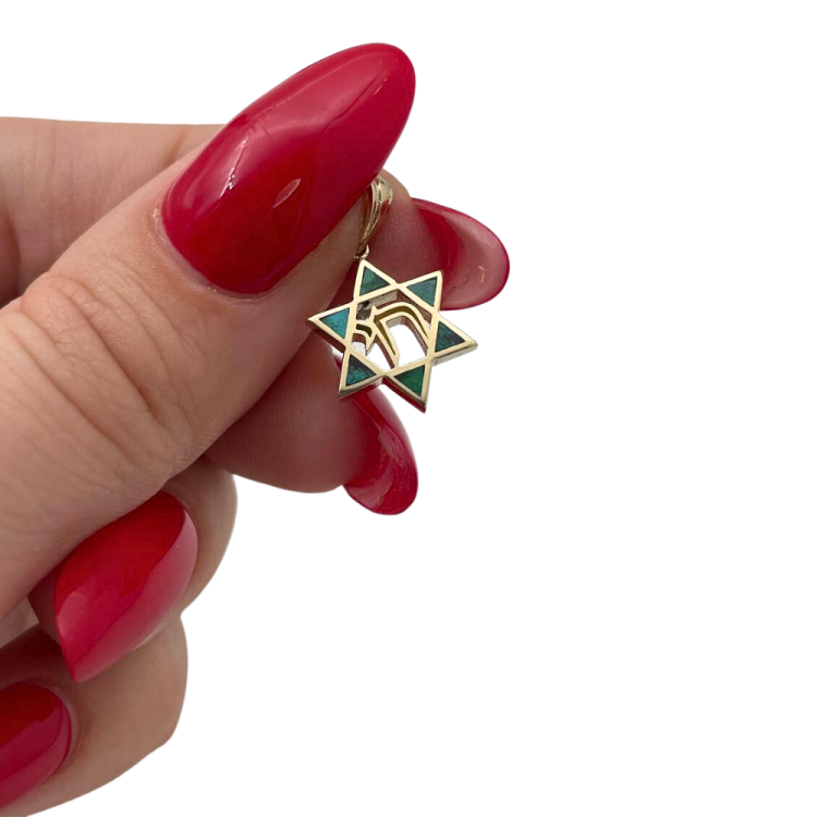 Star of David and Chai Pendant with Eilat Stone in 14K Gold