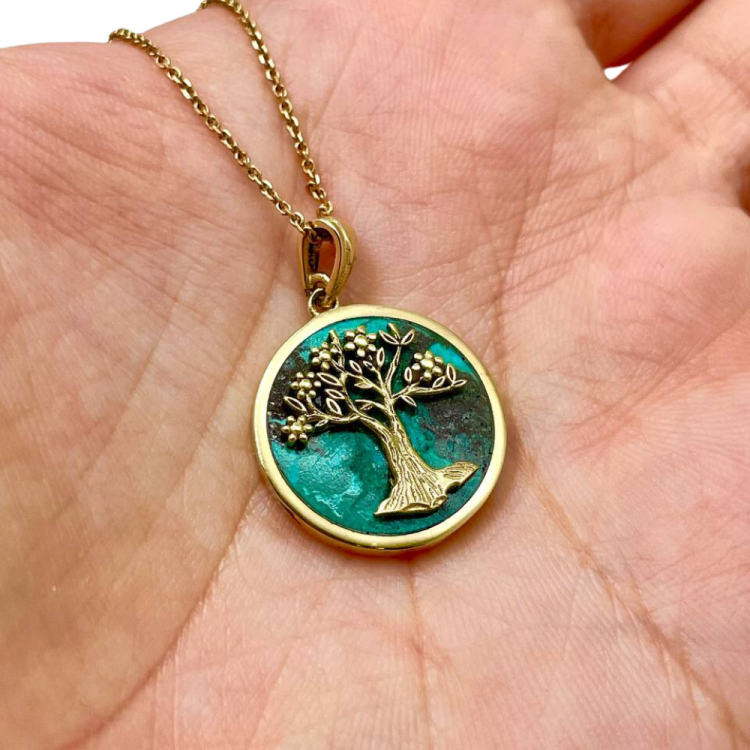 Tree of Life Round Pendant with Eilat Stone in 14K Gold