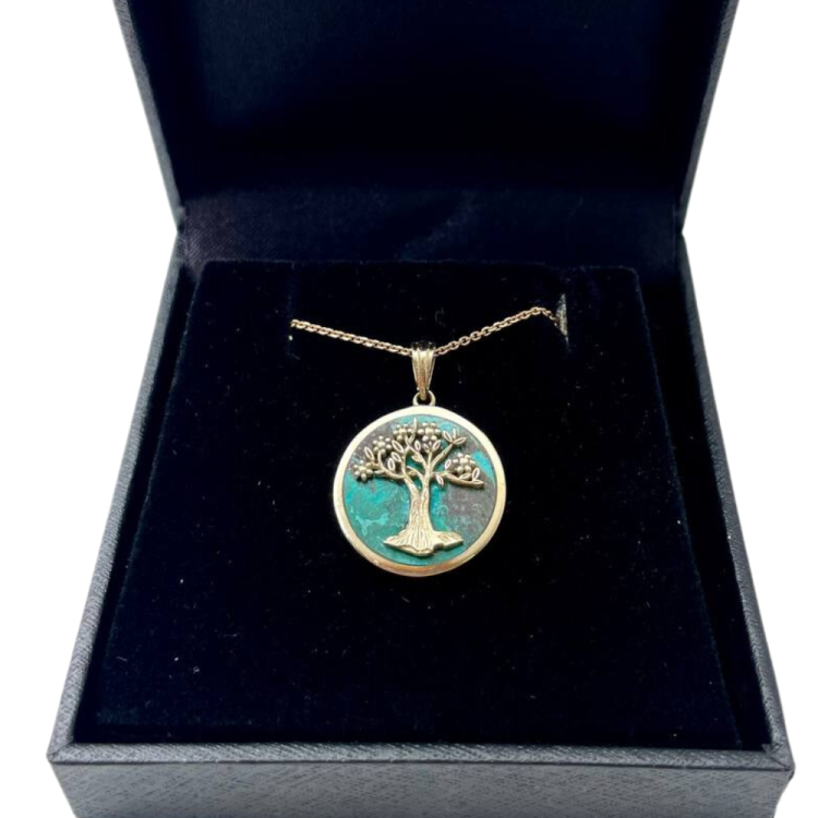 Tree of Life Round Pendant with Eilat Stone in 14K Gold
