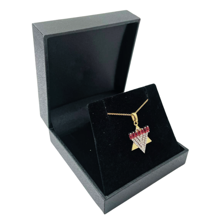 Menorah Pendant with Diamonds and Rubies in 14k Gold