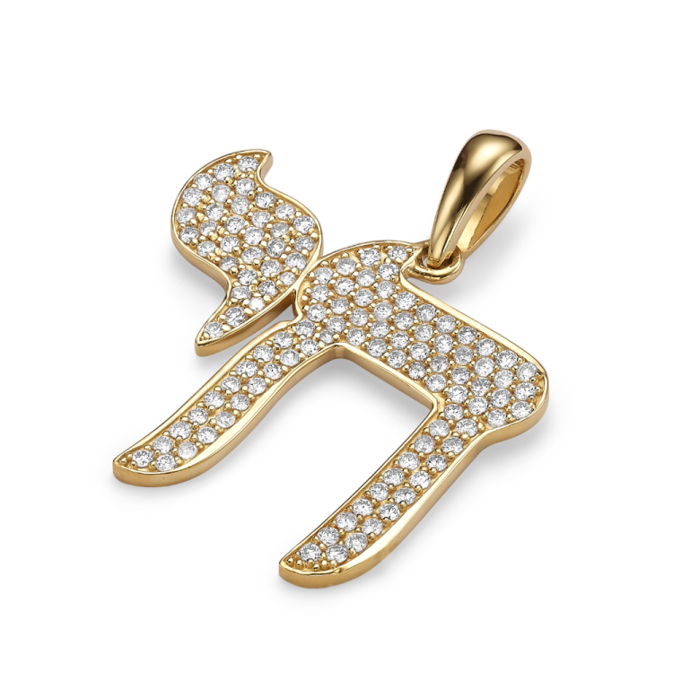 Diamond Studded Chai Pendant in 14K Gold - Large