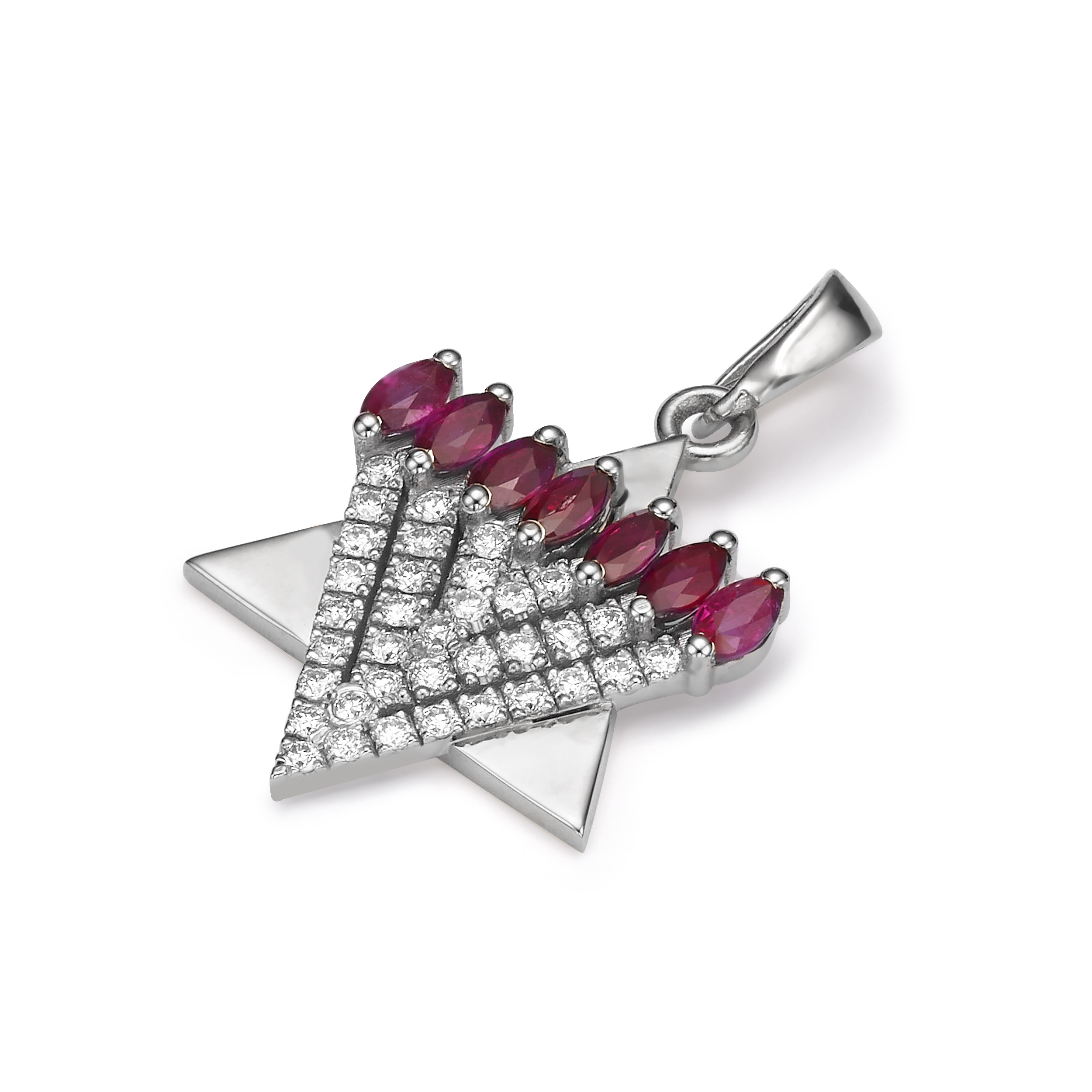Menorah Pendant with Diamonds and Rubies in 14k Gold