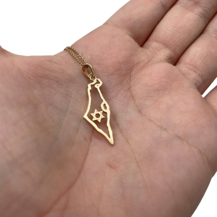 Map of Israel Outline with Star of David - 14K Gold Pendant