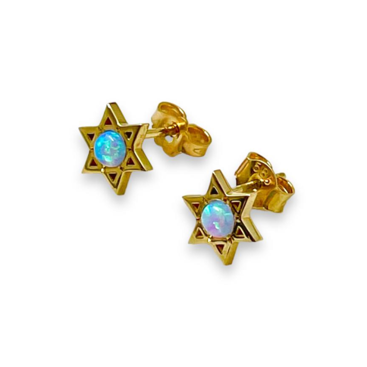 Star of David Stud Earrings Opalite in 14K Gold