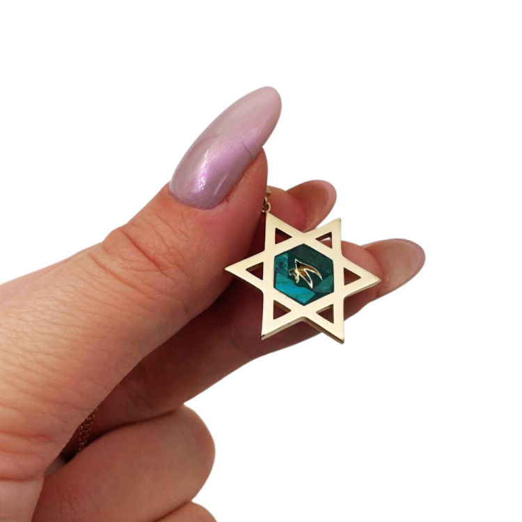 Star of David and Stylized Chai Pendant in 14K Gold with Eilat Stone