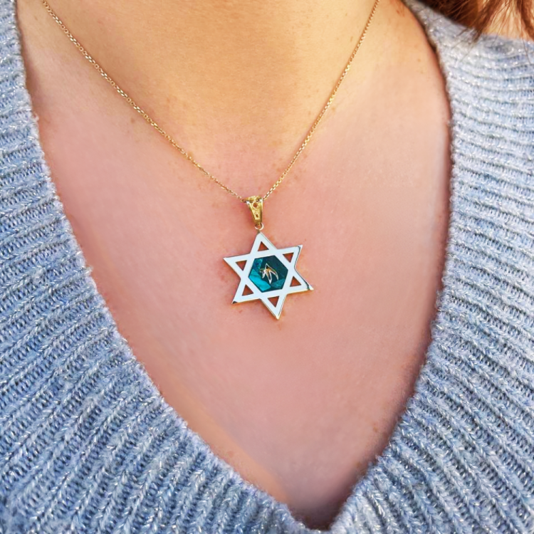 Star of David and Stylized Chai Pendant in 14K Gold with Eilat Stone