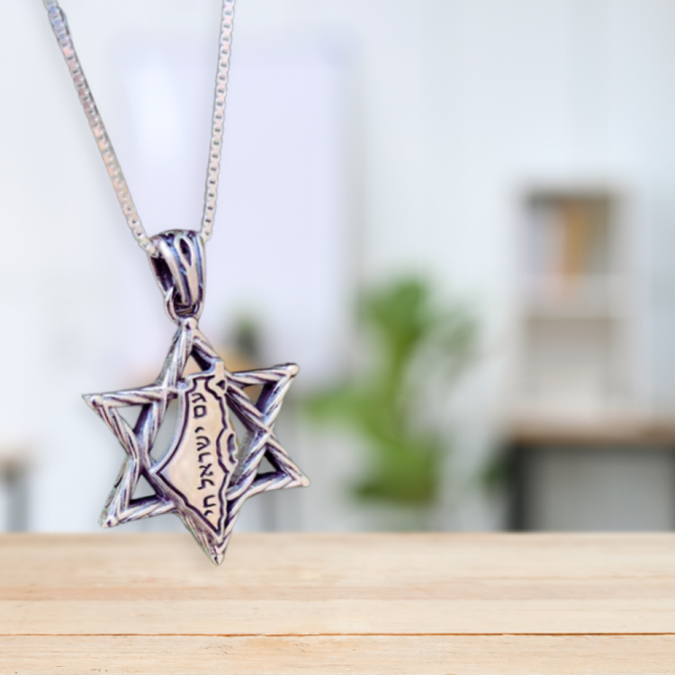 Star of David Israel Map & Am Israel Chai Necklace in Sterling Silver