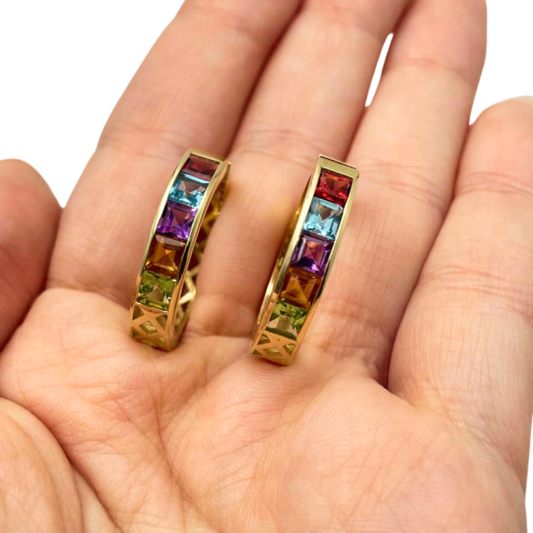 Colourful Gemstone Gypsy Hoop Earrings in 14k Gold