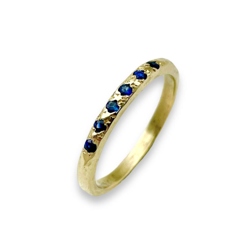 Blue Sapphires Slim Elegant Ring in 14K Hammered Gold