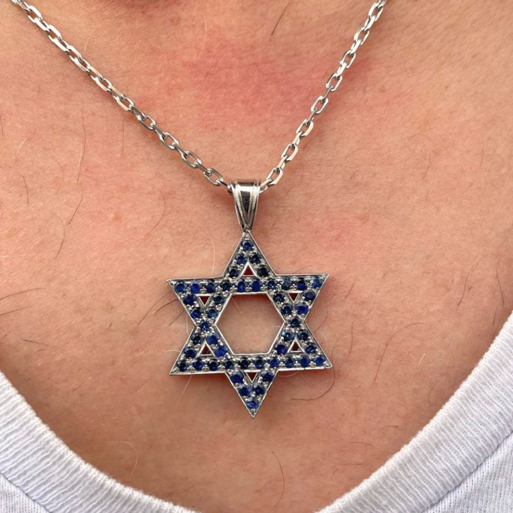 Star of David Pendant with Sapphires in 14K White Gold