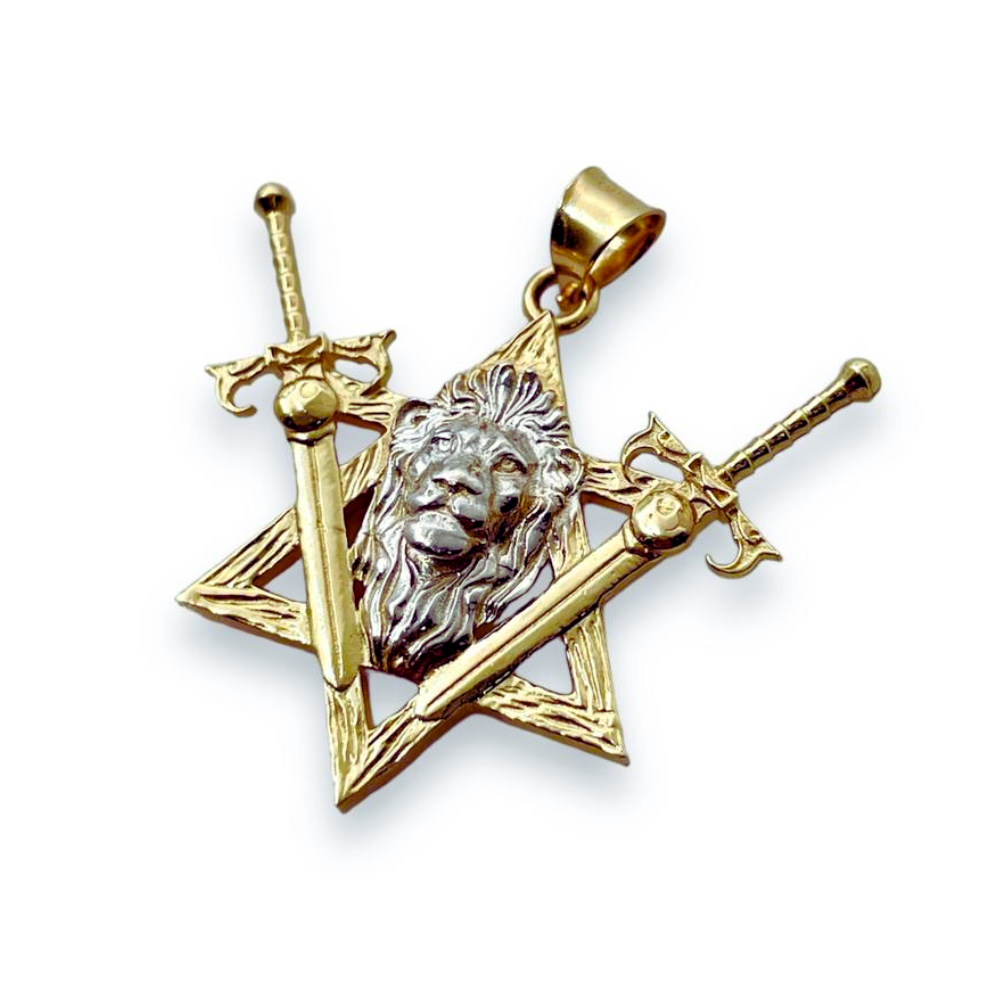 Two Swords Pendant with Lion of Judah and Star of David in 14K Gold