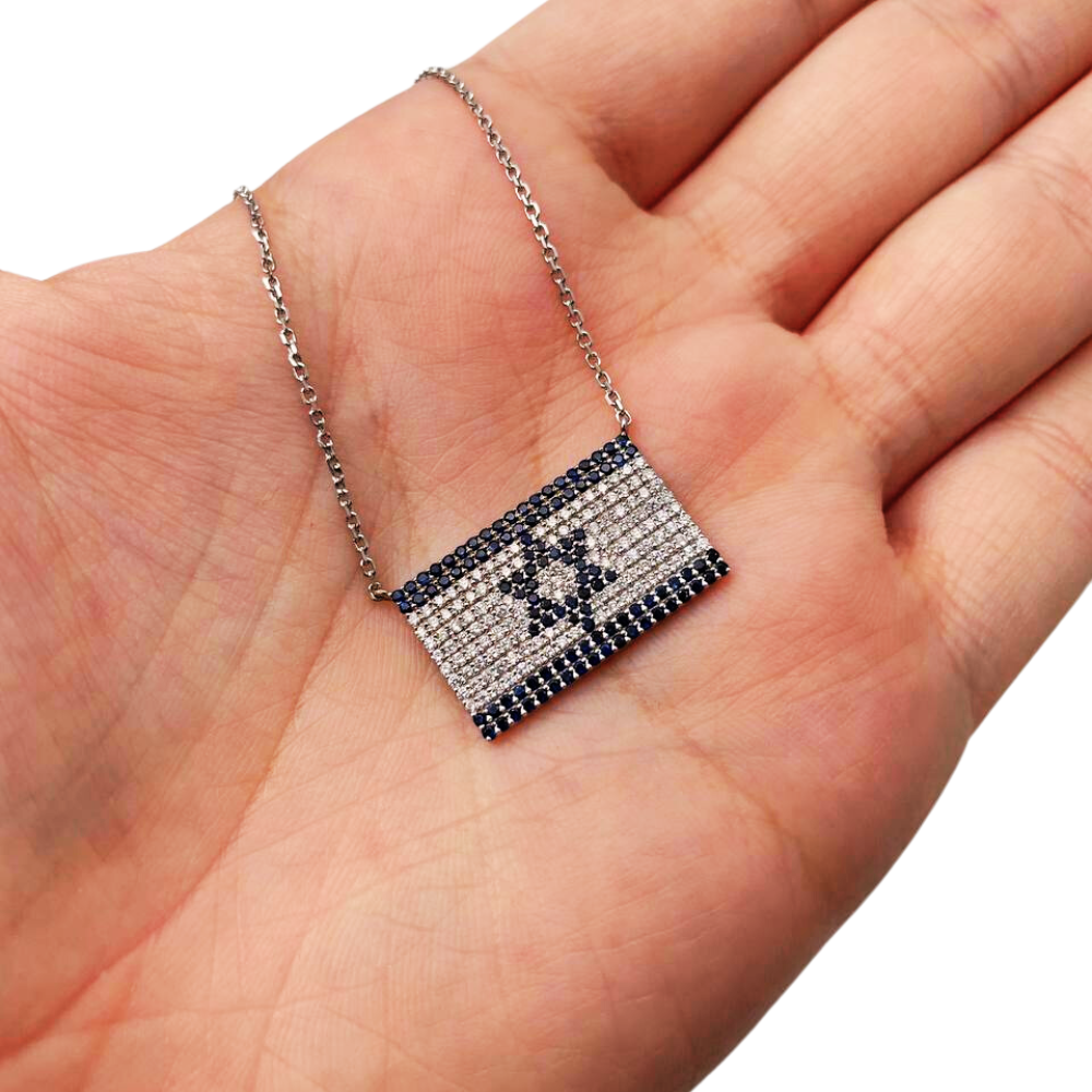 Israeli Flag Necklace in 14K White Gold with Diamonds and Blue Sapphires