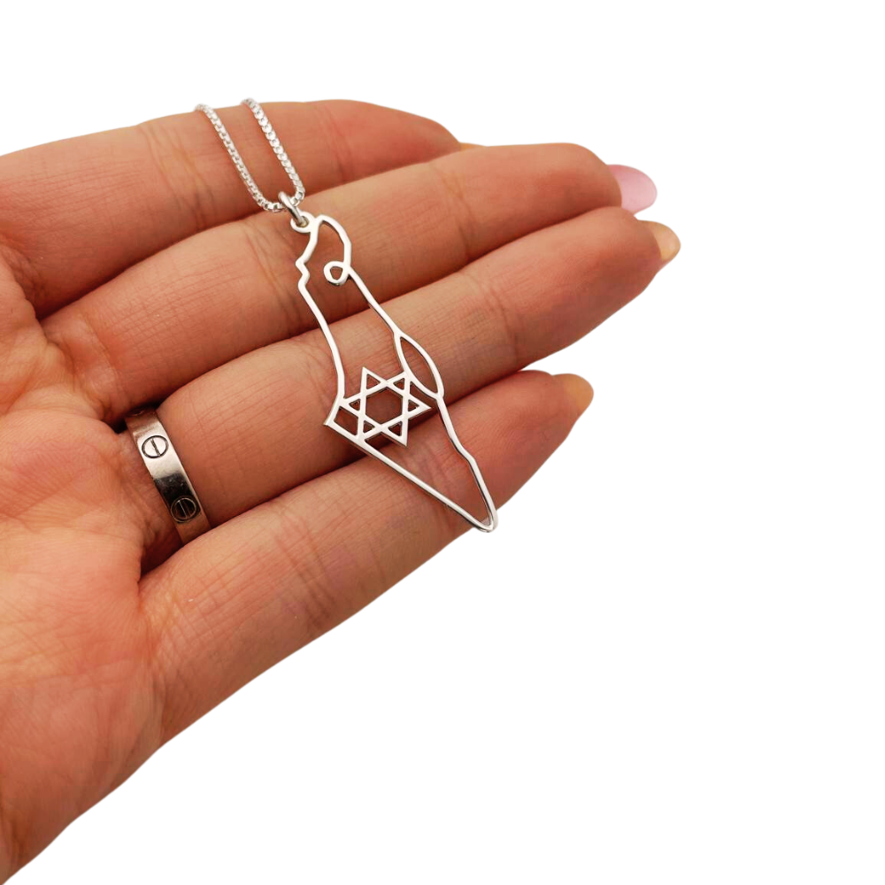 Map of Israel with Star of David Pendant and Chain in Sterling Silver