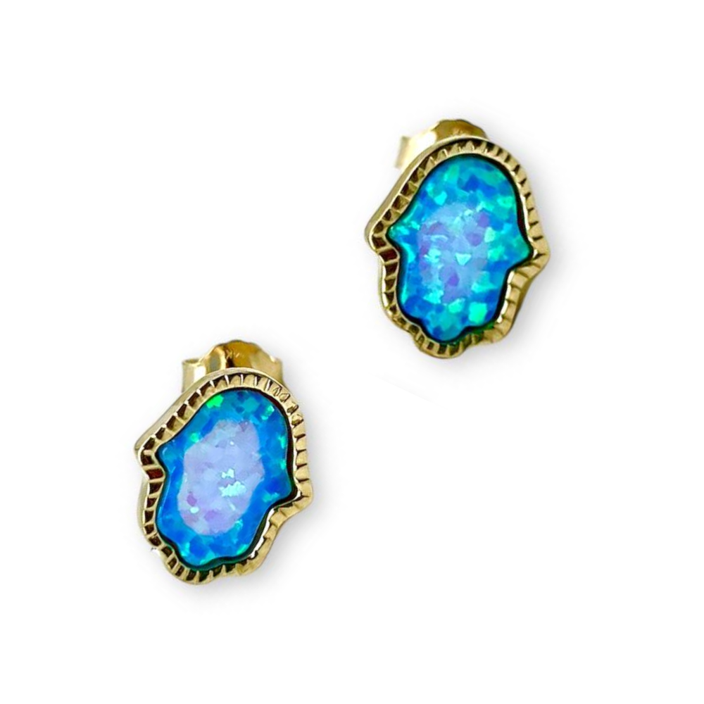 Hamsa Stud Earrings with Blue Opalite in 14 K Gold