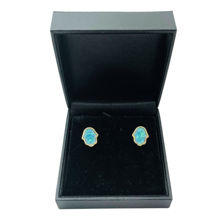 Hamsa Stud Earrings with Blue Opalite in 14 K Gold
