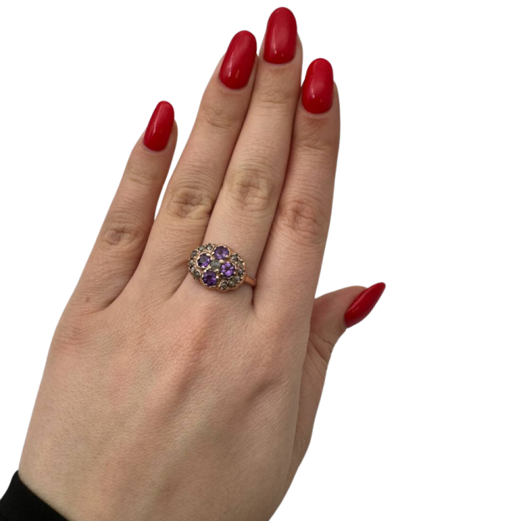 Vintage Style Amethyst and Old Cut Diamonds 14k Gold Ring