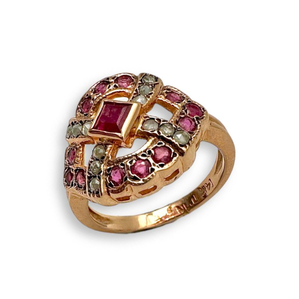 Vintage Style Rubies and Old Cut Diamonds 14k Rose Gold Ring