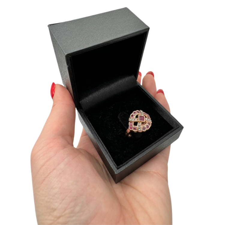 Vintage Style Rubies and Old Cut Diamonds 14k Rose Gold Ring