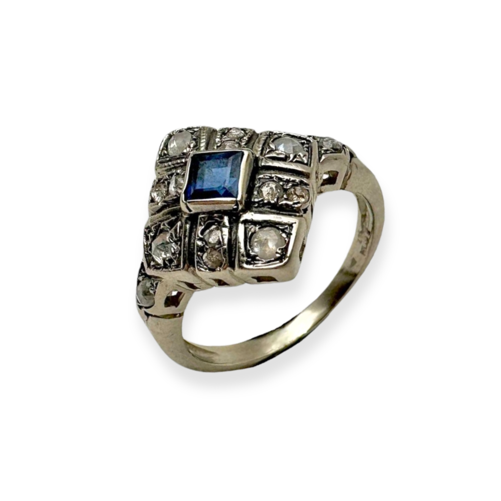 Vintage Style Ring with Blue Sapphire and Old Cut Diamonds in 14K Gold